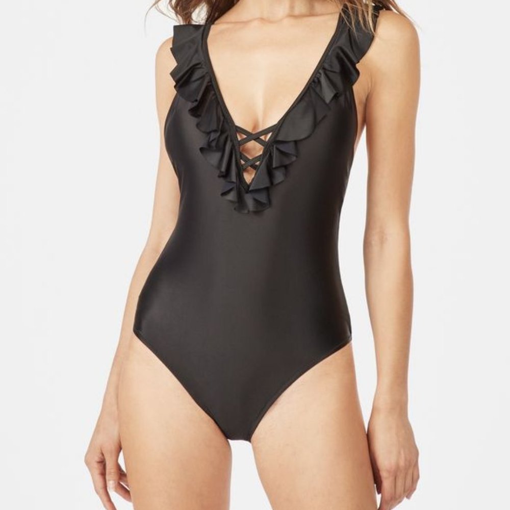 Black Ruffle V Neck Lace Up One Piece Swimsuit